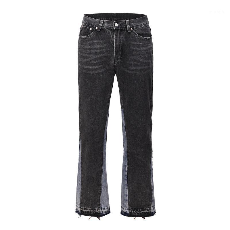 

Men's Jeans Vintage Patchwork Flare Men Streetwear Wide Leg Denim Long Pants Hip Hop High Street Zipper Straight Black Burrs Trousers