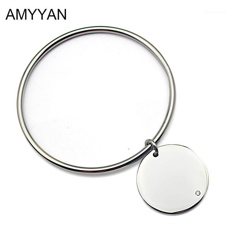 

European Style Simple Coin Pendant For Women Ladies Metal Silver Color Stainless Steel Bracelet Bangle With Crystal Stone