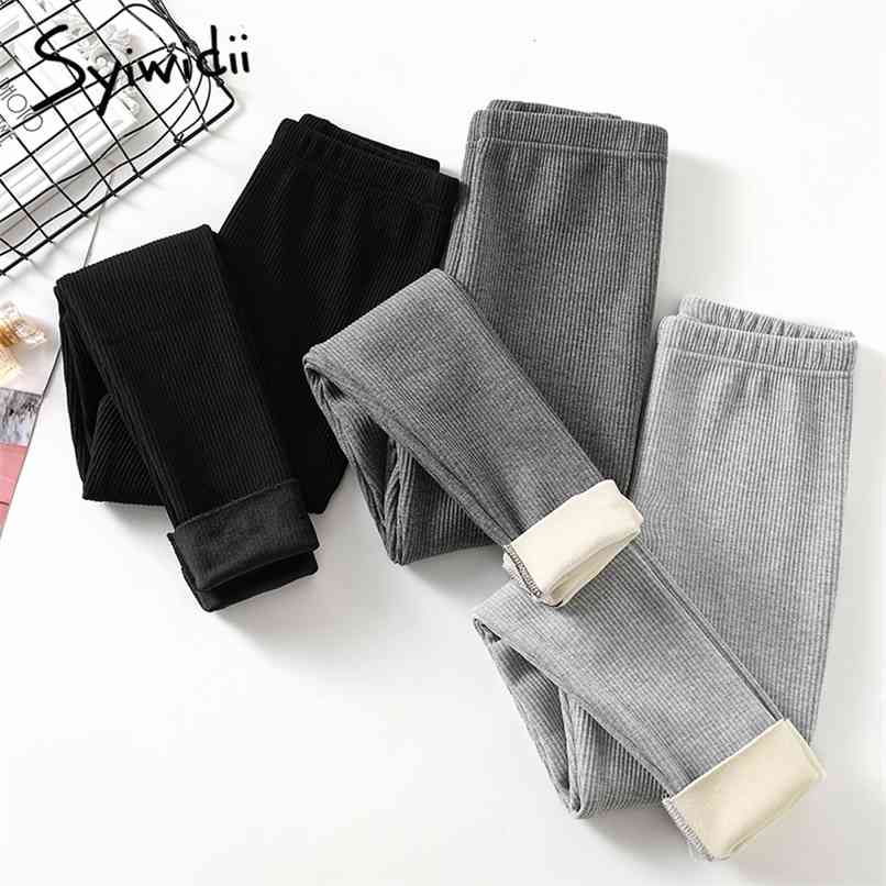 

Velvet Thicken Leggings Women Autumn Winter Ribbed High Waist Pencil Pants Casual Solid Slim Warm Trousers Fashion 210607, Dark grey