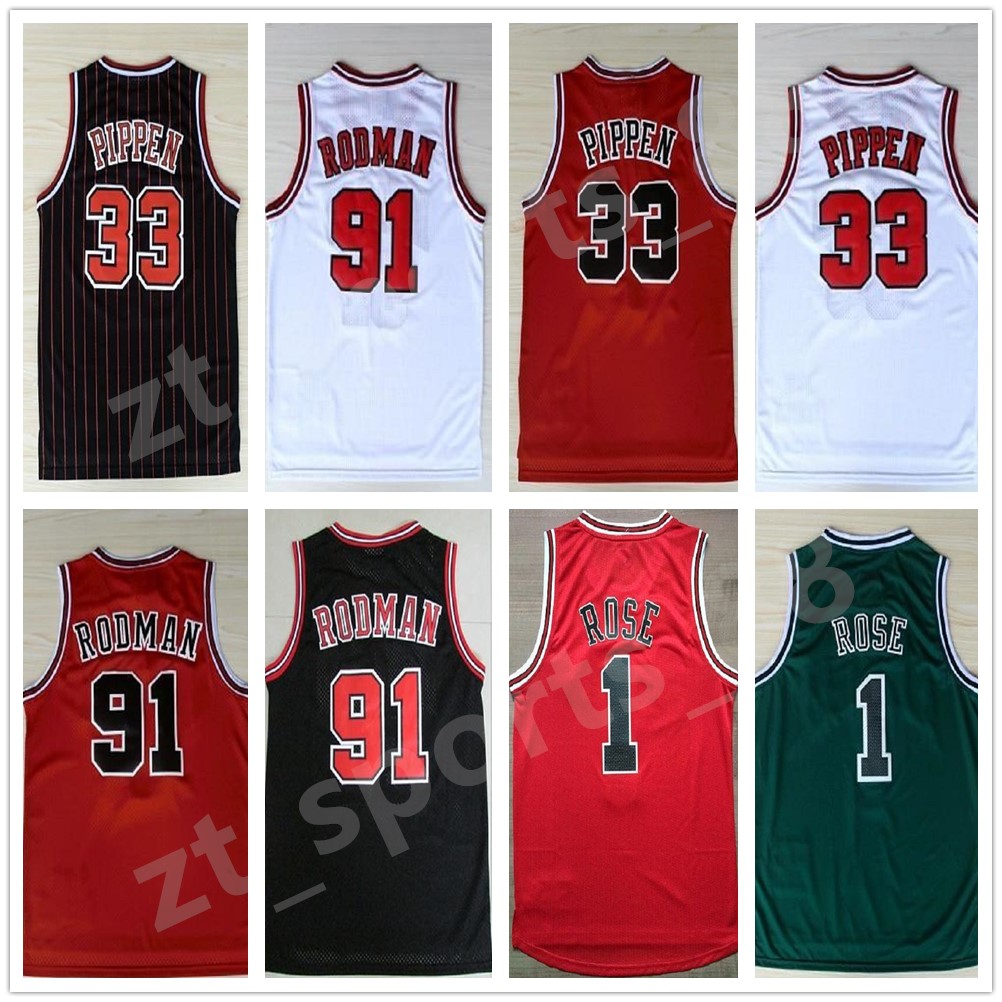 

Basketball Sale Men #1 Derrick Rose 33 Scottie Pippen 91 Dennis Rodman Jerseys White Red Black Stripes 100% Stitched Retro, As shown in illustration