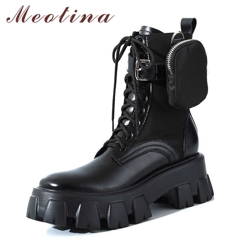 

Meotina Motorcycle Boots Women Shoes Real Leather Platform Thick High Heel Ankle Boots Buckle Lace Up Punk Short Boots Black 40 210608, Black 1