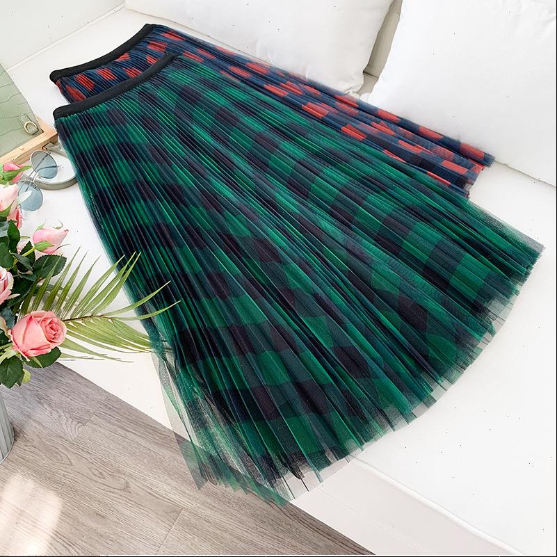 

plaid mesh womens skirt temperament high waist drape hundred pleated yarn puff big swing, Black