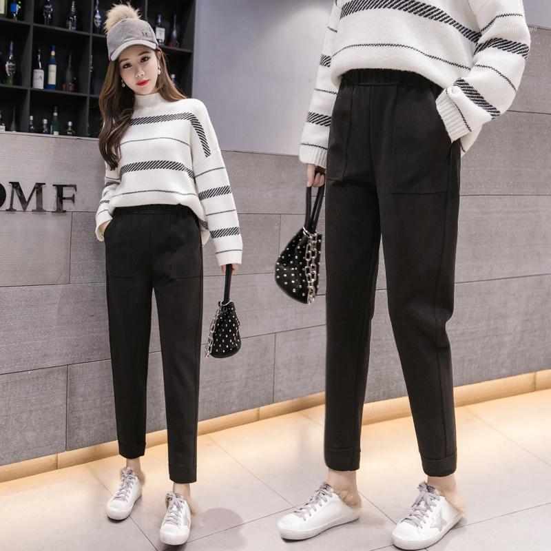 

Women's Pants & Capris 2021 Autumn Winter Female Korean Style Harem Warm Thick Plus Size Woolen High Waist Slim Long Trousers, Black;white