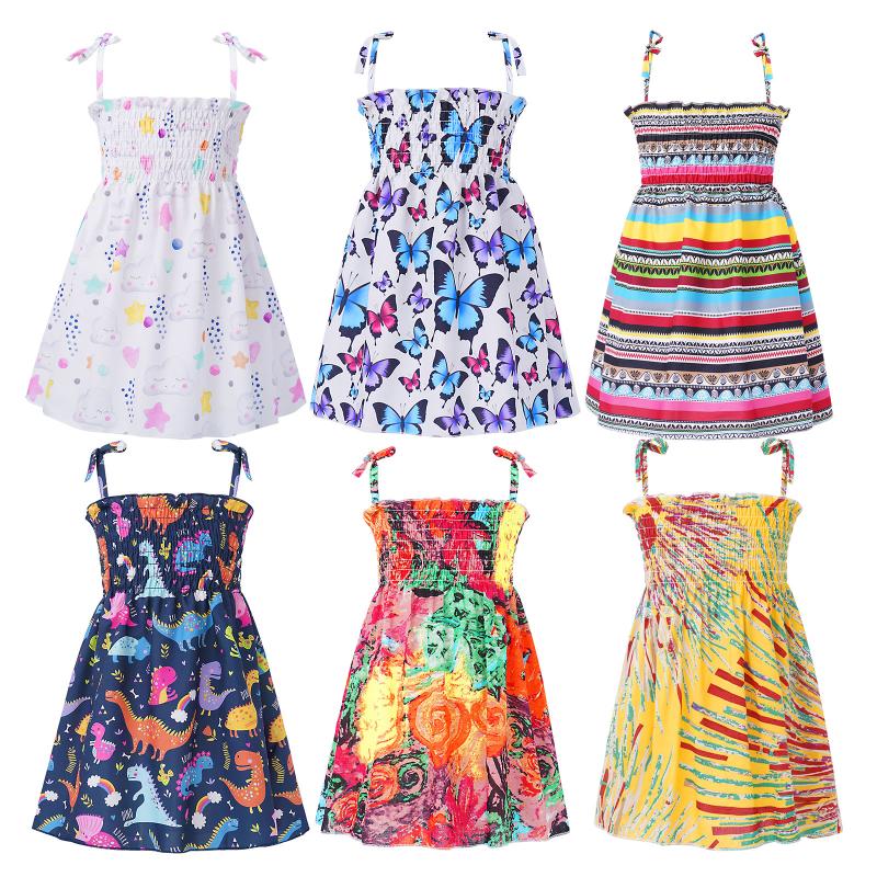 

Girl's Dresses Summer Floral Print Girls Dress Kids Sleeveless Strap Bohemian Beach Princess Dreeses For Baby Children Clothing 1-8 Years, Orange