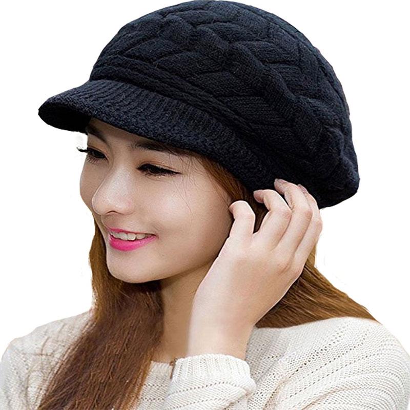 

Berets Winter Warm Knitted Hat For Women Fleece Beanie Beret Crochet Cap With Visor Girls, Black