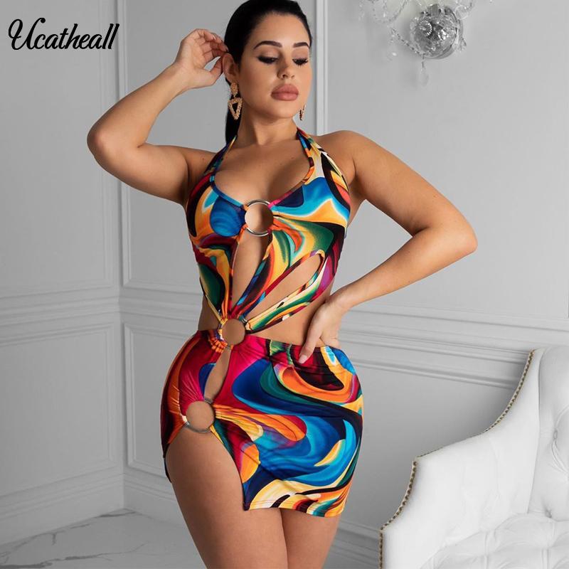 

Hit Color Print Dresses Women Sleeveless Metal Ring High Waist Female Dress Summer Casual Fashion Backless Tide Dye Mini, Black