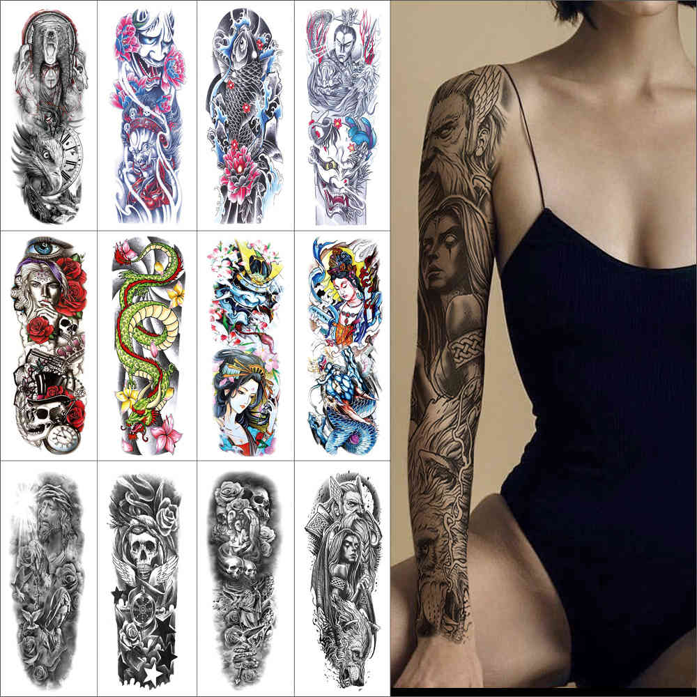 

Temporary art body stickers watercolour immortal dragon flower figure animal cool black Full arm Waterproof fake tattoo