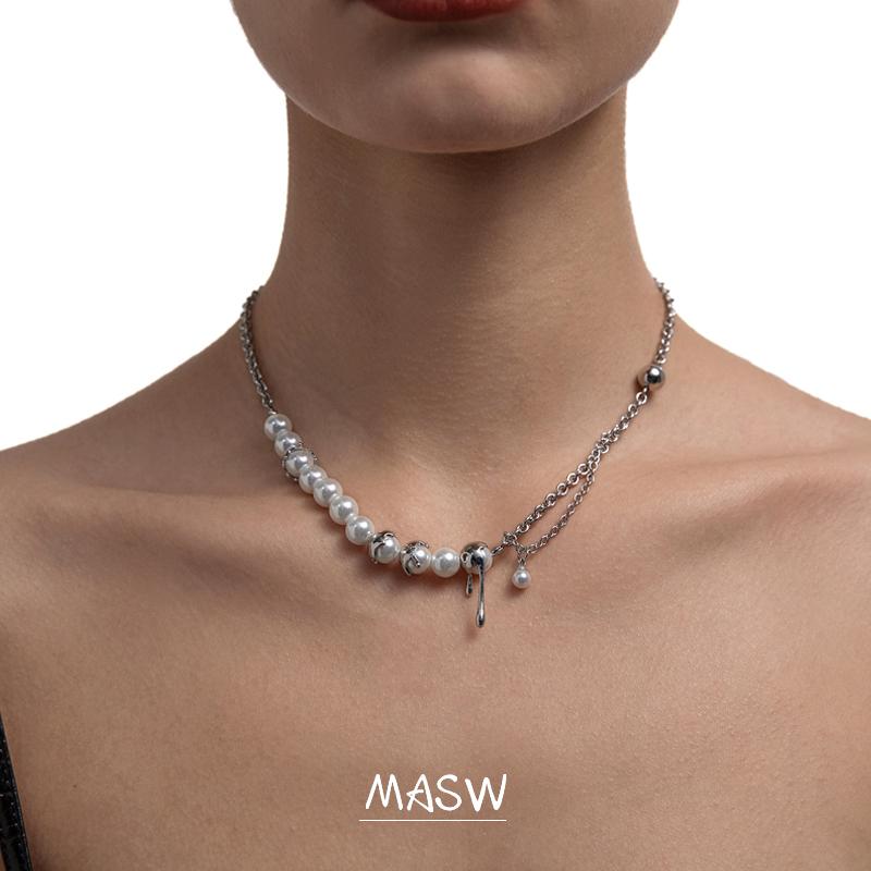 

Chains MASW Original Design Pearls Round Beads Pendant Necklace For Women Jewelry Silvery Plating Short Chain 2021 Trend, Silver