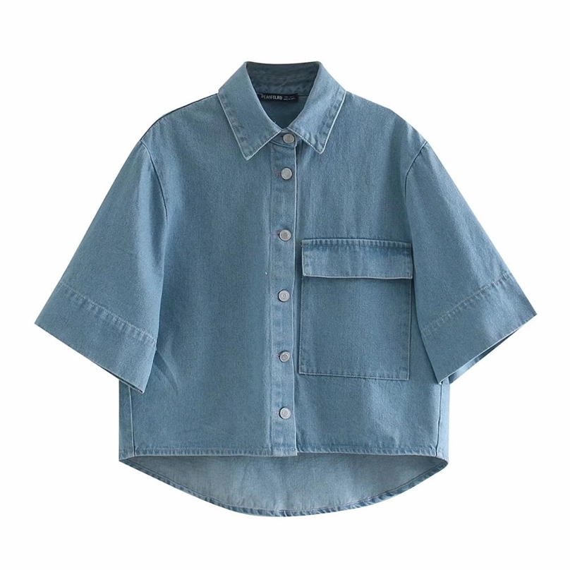 

Loose Turn Down Collar Blouses Women Fashion Pocket Blue Denim Shirts Elegant Half Sleeve Tops Female Ladies High quality 210520