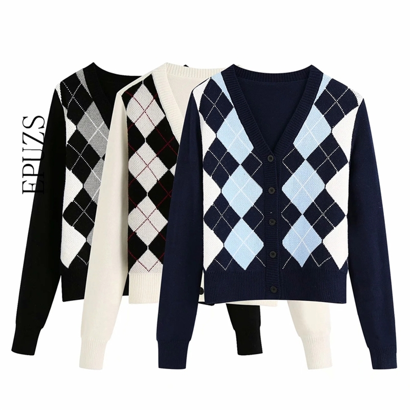 

Vintage argyle pink Cardigan sweater women crop Sweater Fashion Long Sleeve knitted casual coat Chaqueta 210521