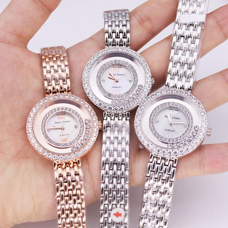 

Wristwatches Lady Women's Watch Fine Fashion Mother-of-pearl Jewelry Hours Stainless Steel Bracelet Rhinestone Girl Gift Royal Crown Box, Silver