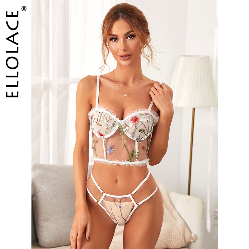 

Erotic Lingerie Transparent Bra Set Ruffled Underwear Women Set Floral Embroidery Erotic Costume White Lingerie Femme, Red