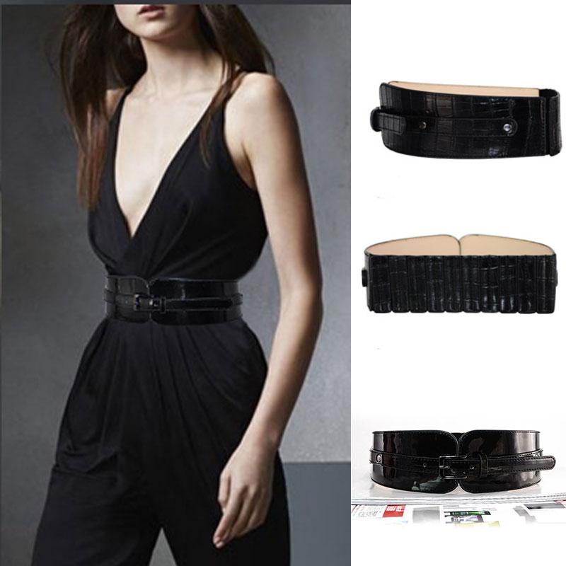 

Genuine Leather Patent Belt Women Fashion Alloy Buckle Wide Stretch Cummerbund Elastic Corset Belts, Black;brown
