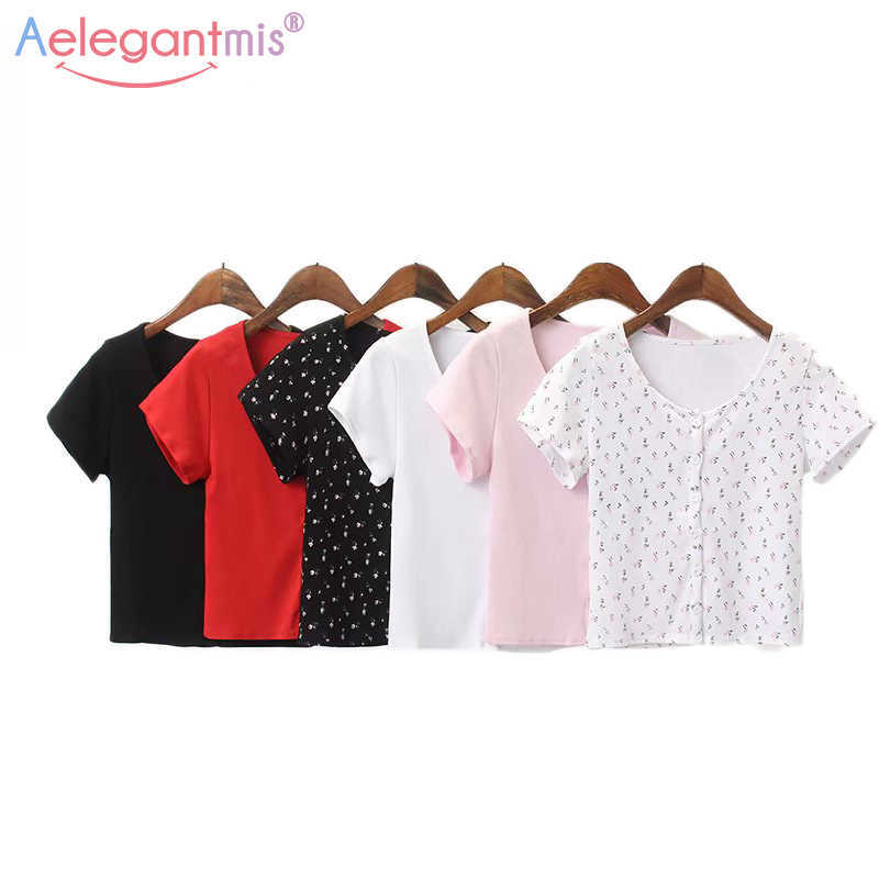

Aelegantmis Women Summer Sexy Crop Top Short Sleeve O Neck Print Tee Ladies Solid Black White Elegant Casual Tshirt s 210607, White 1