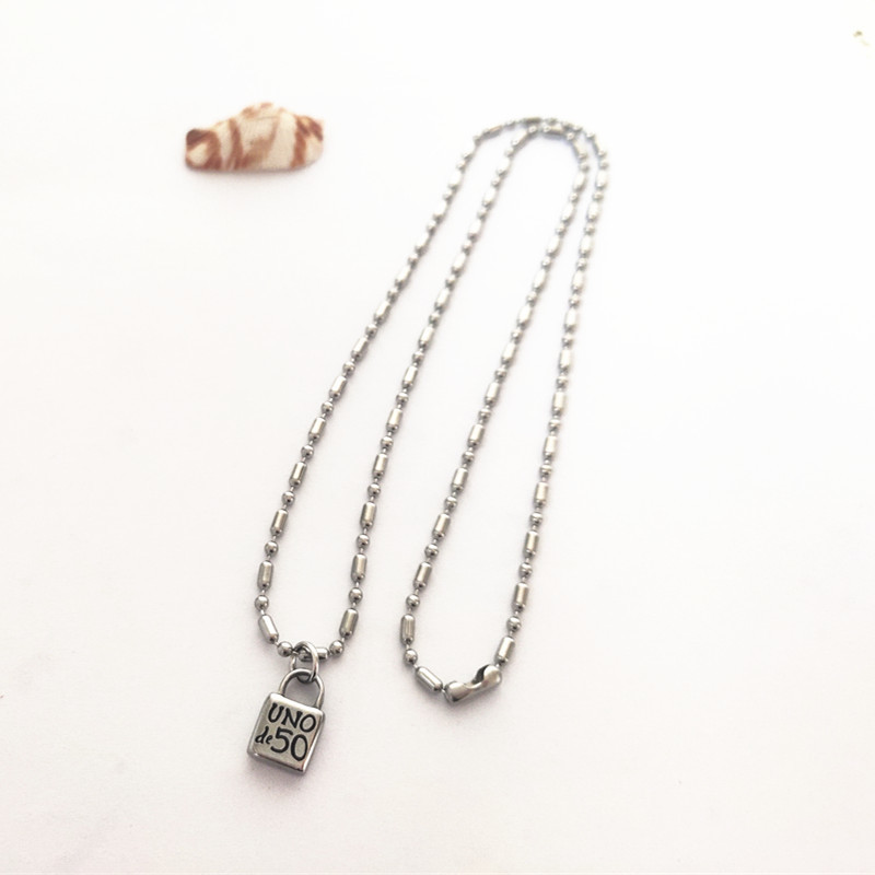 

Fashion Women Men PUnk Silver Color Stainless Steel Round Lock Key Black Oil UNO de50 Bamboo Chain Pendants Neckalce Jewelry