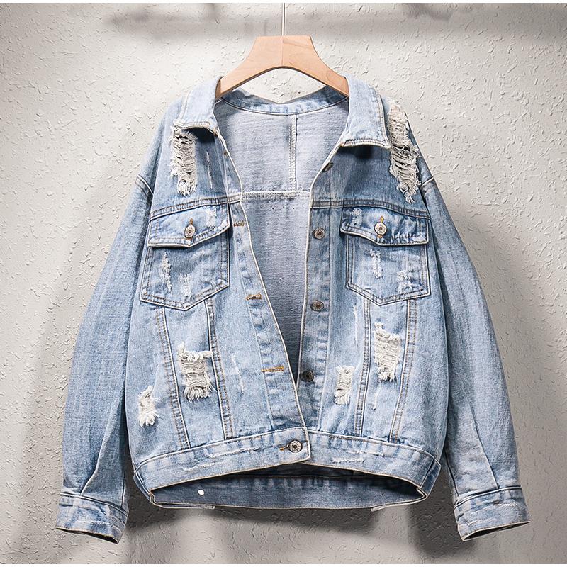 

Women's Denim Jacket Streetwear Loose Oversize Coat Ripped Studded Rivet Jeans Jackets Holes Casual Outerwear Plus Size -5xl, Light blue