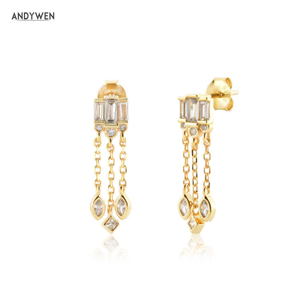 

ANDYWEN 925 Sterling Silver Gold Clear Zircon Chain Stud Earring Women Piercing Pendiente Clips Drop Fine Jewelry 210608