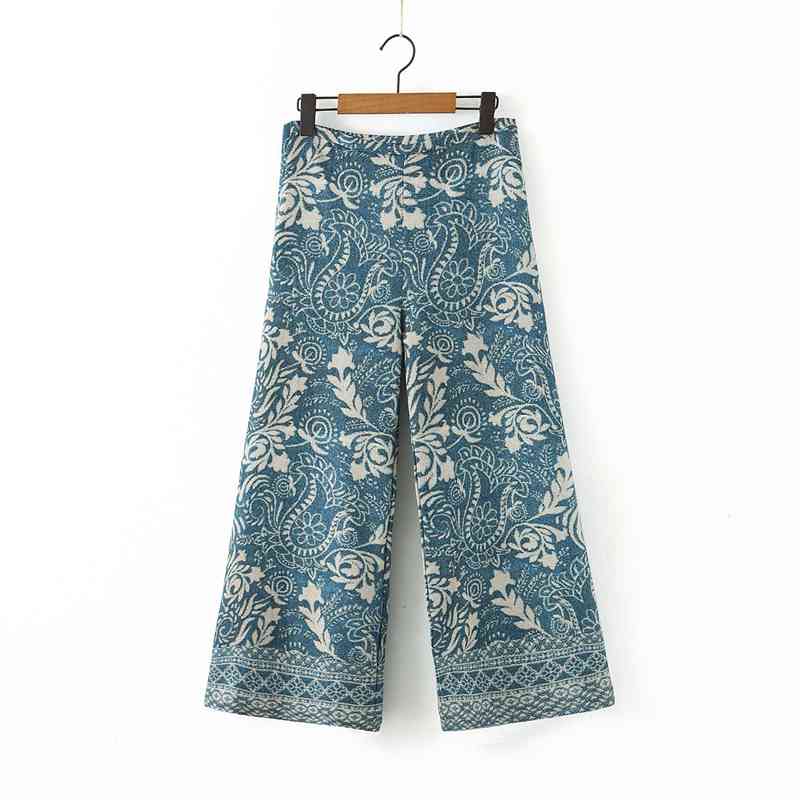 

Vintage Floral Linen Pants Women High Waist Zipper Wide Leg Patns Fashion Office Lady Trousers XZ2312 210525, Blue