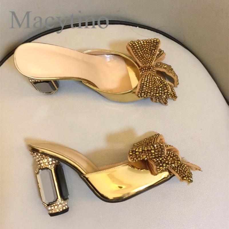 

Slippers 2021Women's Elegant Crystal Butterfly-knot Slipper Outside Slide Shinning Gold Women Pumps Fish Toe Bowtie High Heels Shoes, Black