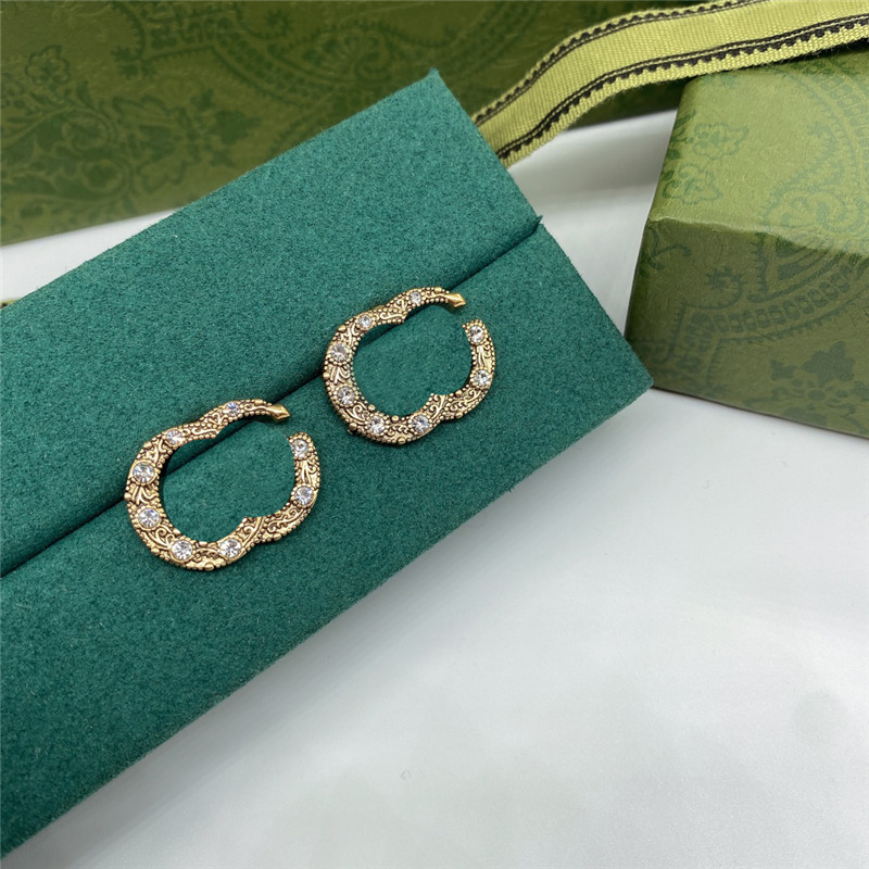 

Vintage Metal Pattern Charm Earrings Diamond Double Letter Studs Steel Seal Eardrops With Gift Box