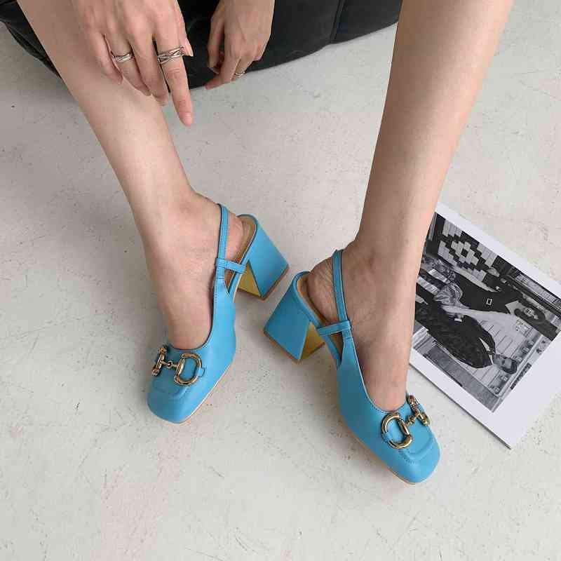 

Horse rank buckle sandals women's 2021 Spring Star same style g square head back empty high heels shallow mouth thick heel shoes, Blue