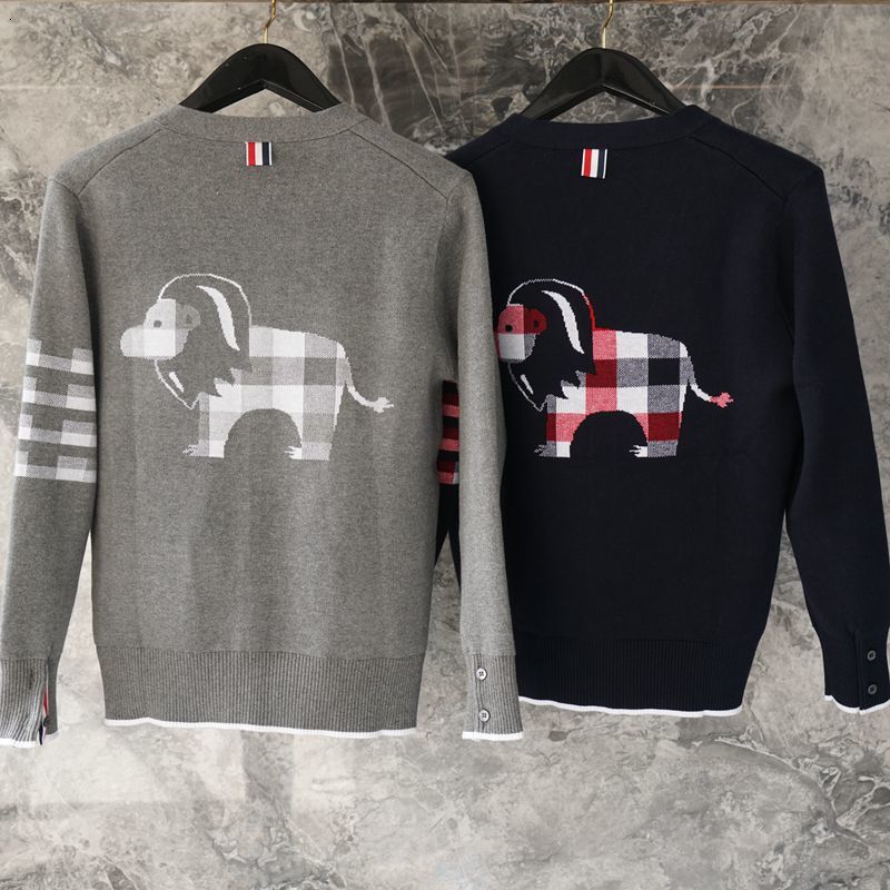 hoodies Fashion TB THOM Brand Sweaters Men Women Slim Fit V-Neck Cardigans Clothing Striped Wool Little Lion Pattern Casual Coat-image-671147230
