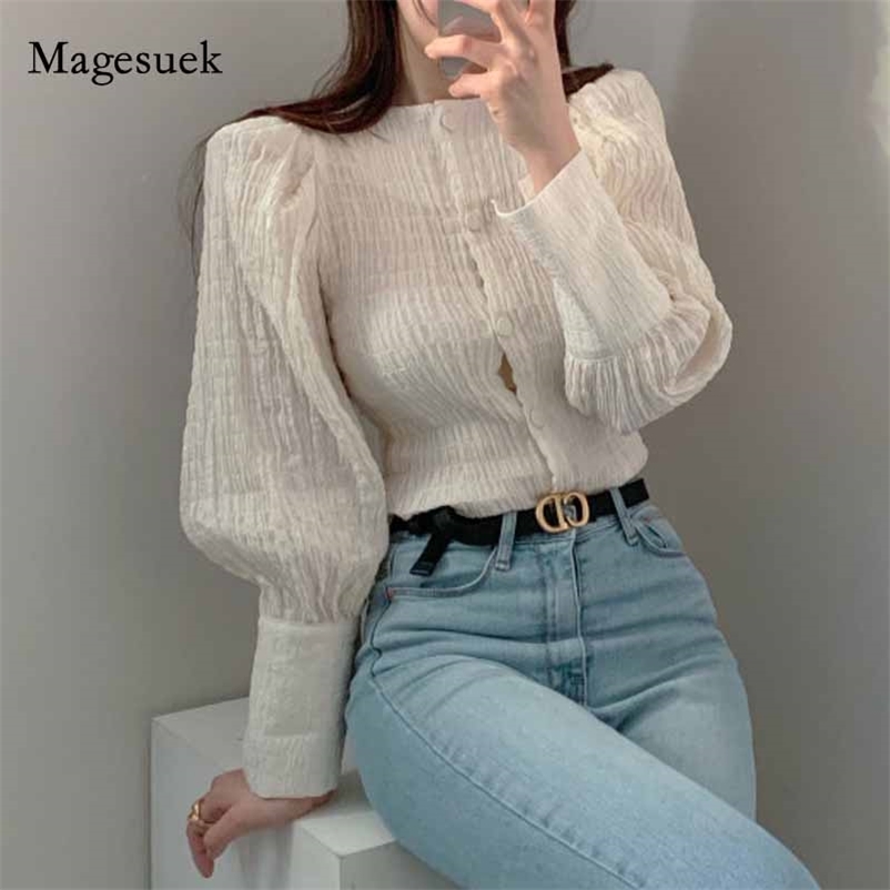 

Chic Pleated Slimming Lantern Sleeve Shirt Long Blouse Women Solid Blouses Fashion Autumn Blusas Mujer10993 210518, Blue
