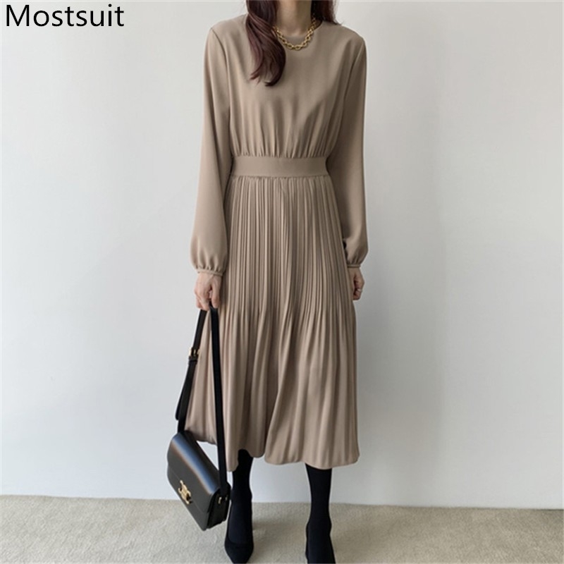 

Autumn Korean Elegant Fashion Women Long Dress Full Sleeve O-neck A-line Pleated Dresses Solid Simple Ladies Vestidos Femme 210518, Khaki