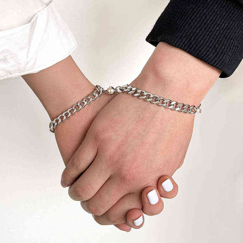 

Aprilwell 2 Pcs Punk Friend Bracelet for Women Stainless Steel Armband Silver Color Couple Wrist Cuban Chains Schmuck Gift