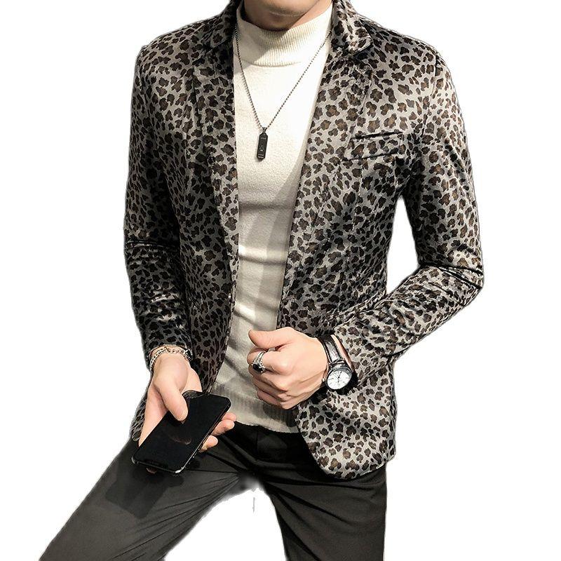 

Fashion Boutique Velveteen Leopard Print Casual Men' Blazer Male Slim Dress Stage Suit Jacket Suits & Blazers, Black