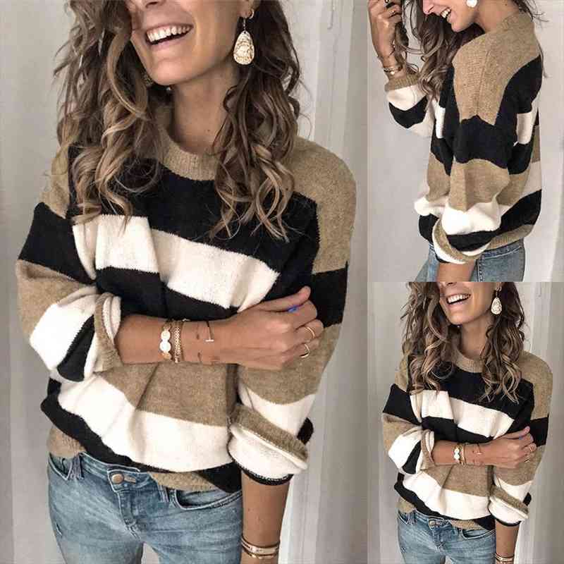 

women fall casual long sleeve pullover o neck color block loose knitted sweater womens clothing pull femme, White;black