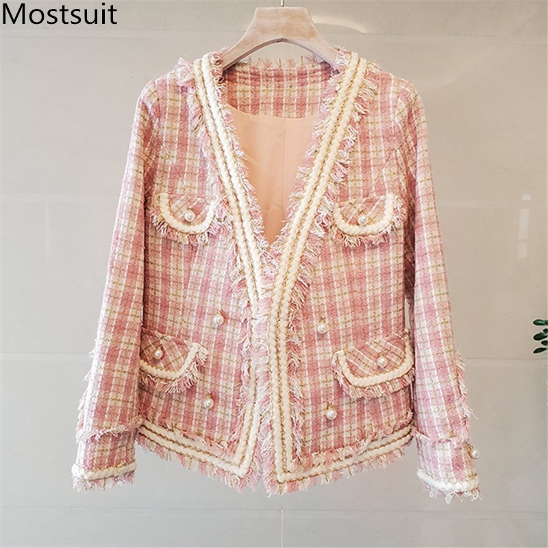 

Vintage Elegant Tweed Women Coat Long Sleeve V-neck Tassles Double-breasted Pockets Jackets Korean Ladies Fashion Coats 210518, Pink