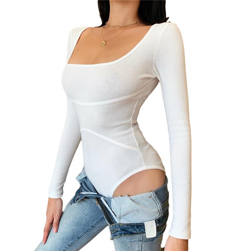 

Women's Two Piece Pants Women Bodycon Bodysuit Sexy Square Neck Long Sleeve Rib Knit One Leotard Tops White Ladies Overalls Womens Short Jum