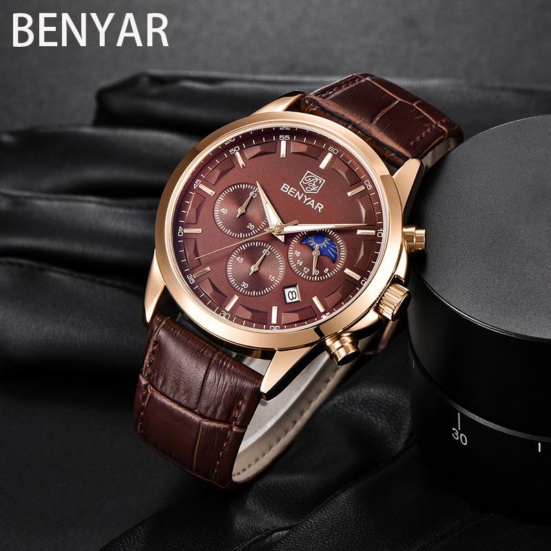 

Wristwatches BENYAR Original Mens Sport Chronograph Brown Leather Strap Quartz Army Military Clock Moon Phase Relogio Masculino, Brown gold coffee