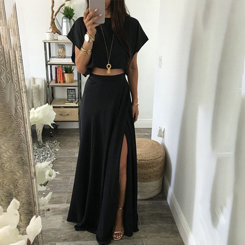 

Women Set With Maxi Skirt Black Split Ladies Suit Crop Tshirt Short Sleeve And High Waist Skirts Summer Loose Casual Fashion 210518