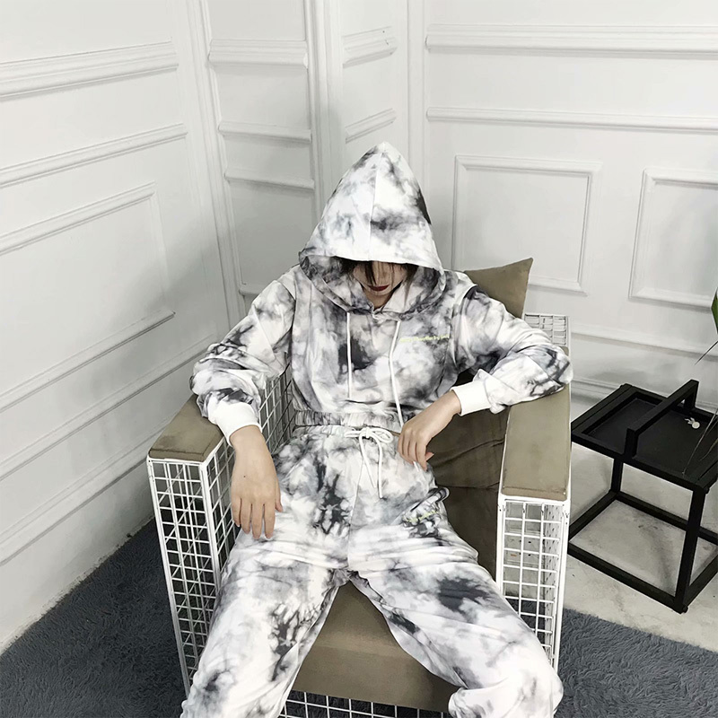 

Female Hooded Tracksuit Tie Dye Print Full Sleeve Women Set Hip Hop Hoodies+Pants Streetwear Spring Casual Punk Suits Plus Size 210518, Gray top