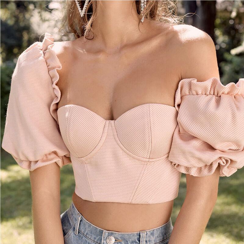 

Women's Blouses & Shirts Fashion Casual Solid Sexy Women Off Shoulder Petal Sleeve Bardot Crop Tops Ladies Summer Slash Neck Ruffle Frill Bl, White