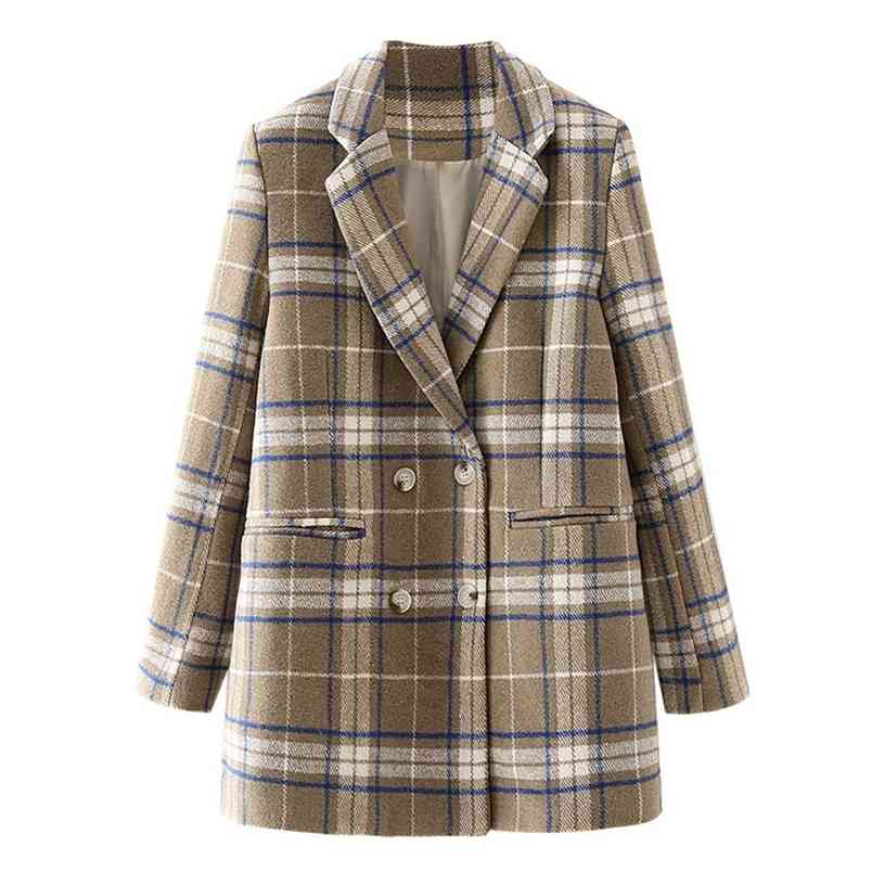 

Winter Woolen Blend Check Plaid Blazer Wide Shoulder CHIC Women Long Sleeve Loose Suit Casual Coat BF Outwear 210429, Khaki
