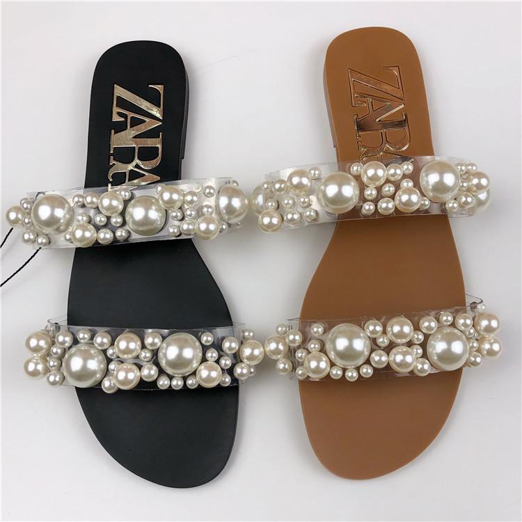 

Summer Women's Shoes, Pearl Inlay, Transparent, Flat Sandals, Open-toe Sandals And Slippers, Shoes Slippers, Black