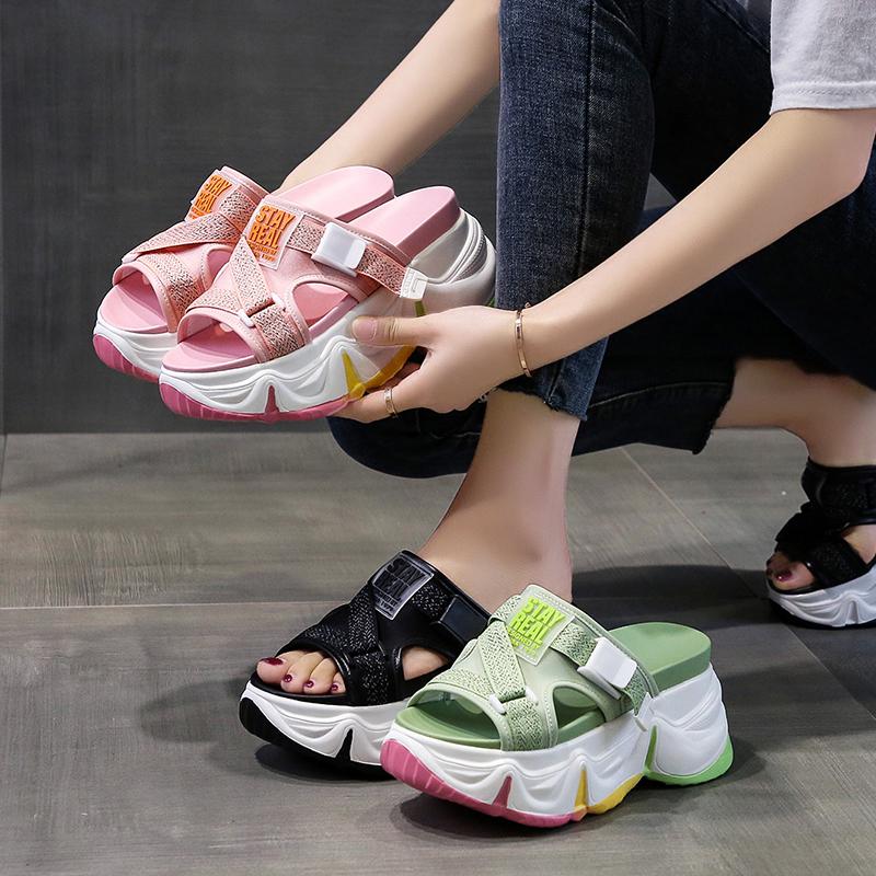 

On A Wedge Shoes House Slippers Platform Women Heels Slides Fashion High Flat Luxury Soft Cotton Fabric PU Bonded Leather, Black