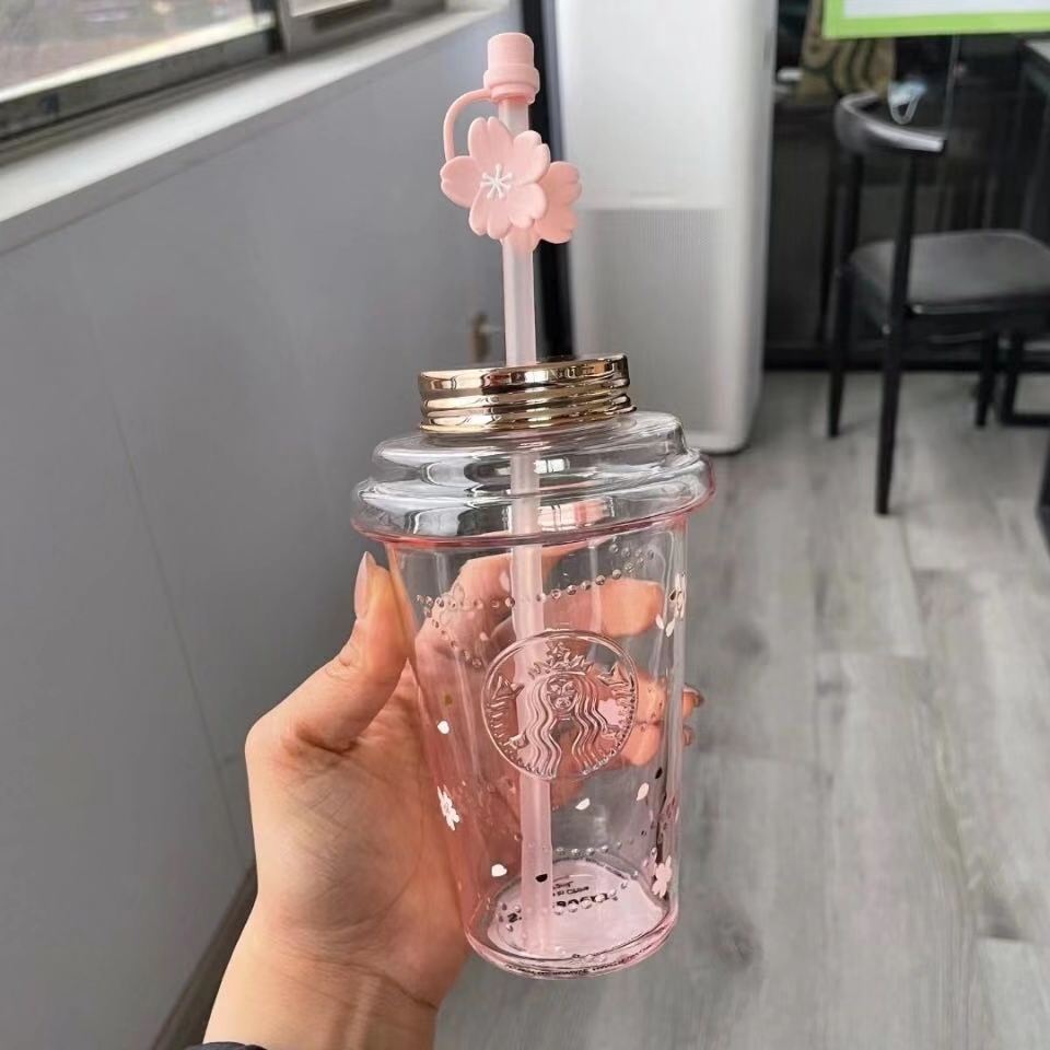 

473ML Large Capacity Limited Edition Starbucks Mug Gradient Cherry Blossom Glass Original Cup with Cute Straw, Pink