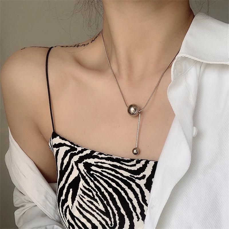 Pendant Necklaces 2021 Spring Gold Silver Color Titanium Steel Ball Necklace Irregular Geometric Reflective Thin Long For Women-image-701555044