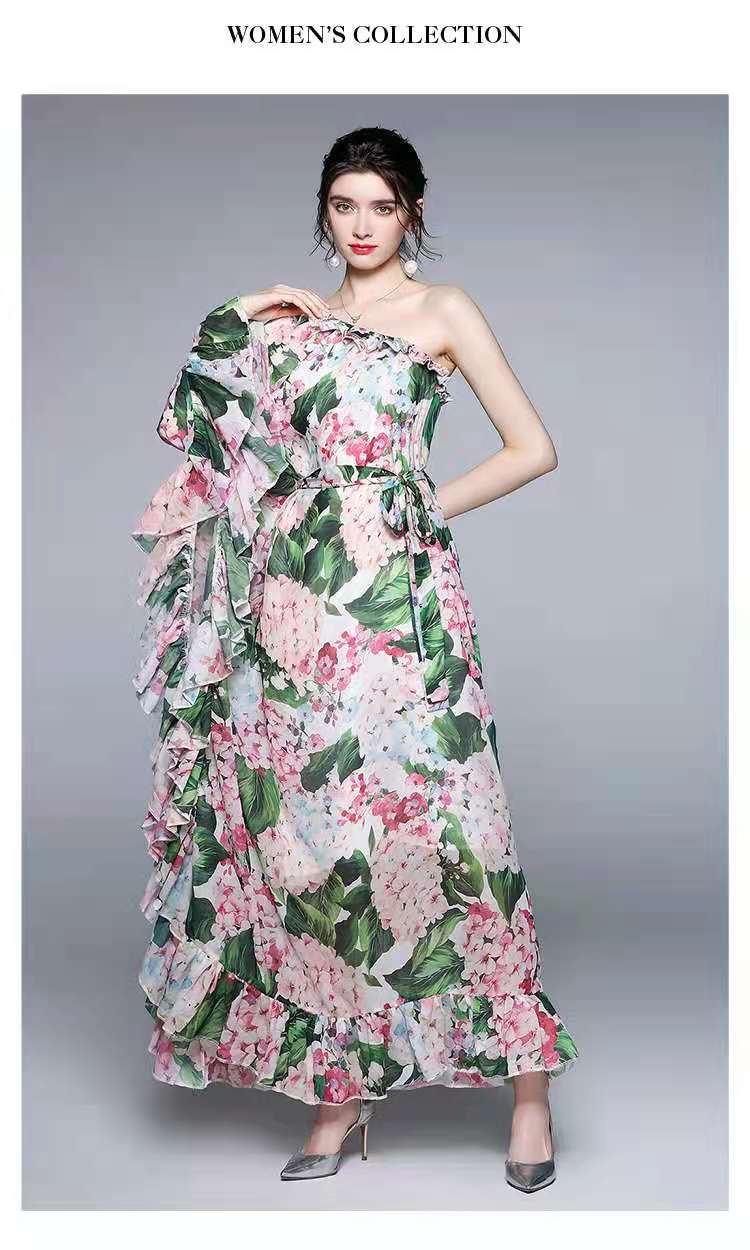

Summer elegant one-shoulder women dress lotus sleeve and botttom floral printing fashion style for holiday on beach, Black;gray