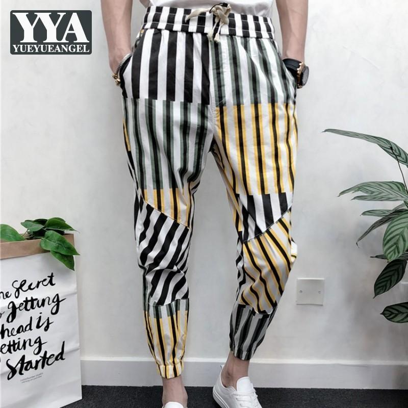 

Summer Mens Casual Sweatpants Fashion Patchwork Ankle Length Striped Pencil Pants Lace Up Slim Thin Section Street Harem Men's, Black