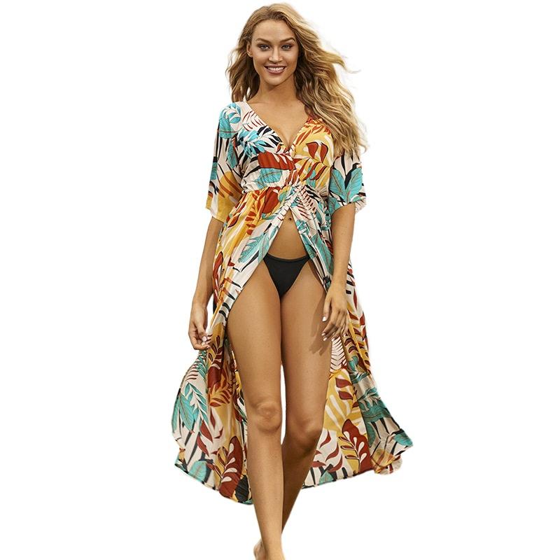 

Cotton Front Split Sunscreen Beach Cardigan Swimsuit Cover Up Sexy V-neck Print Bikini Jacket Summer Vacation Female Long Dress Women's Swim, Photo color