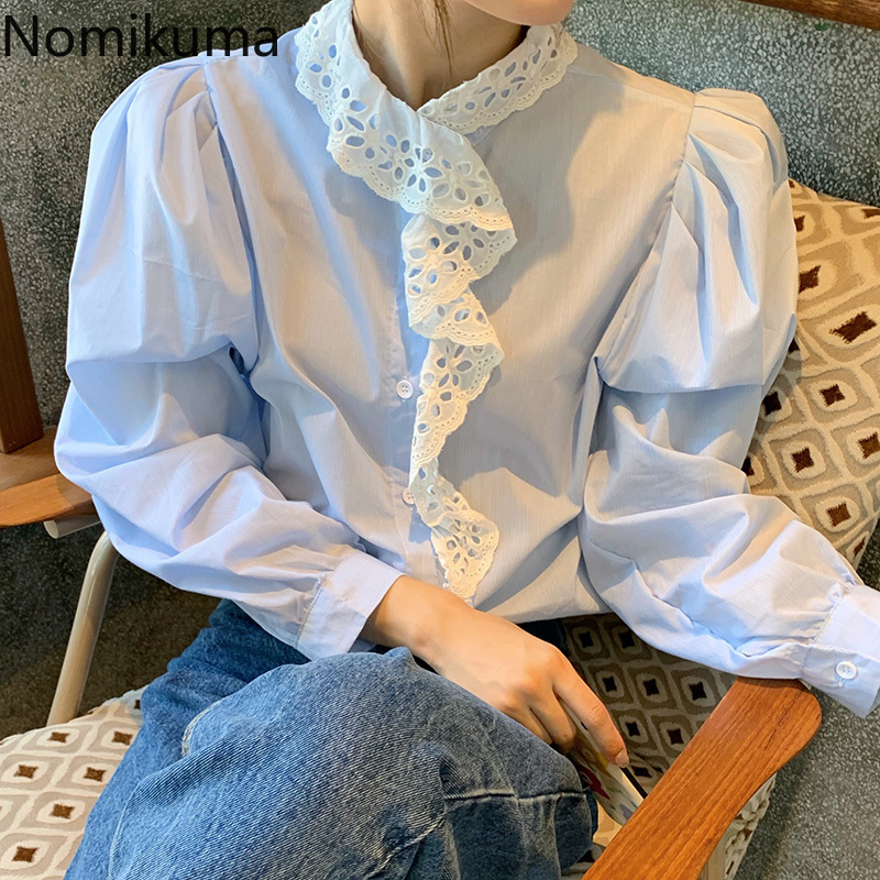 Nomikuma Women Blouses Korean Lace Ruffle Patchwork Sweet Tops Spring New Puff Long Sleeve O-neck Blusas Shirt 6E380 210427
