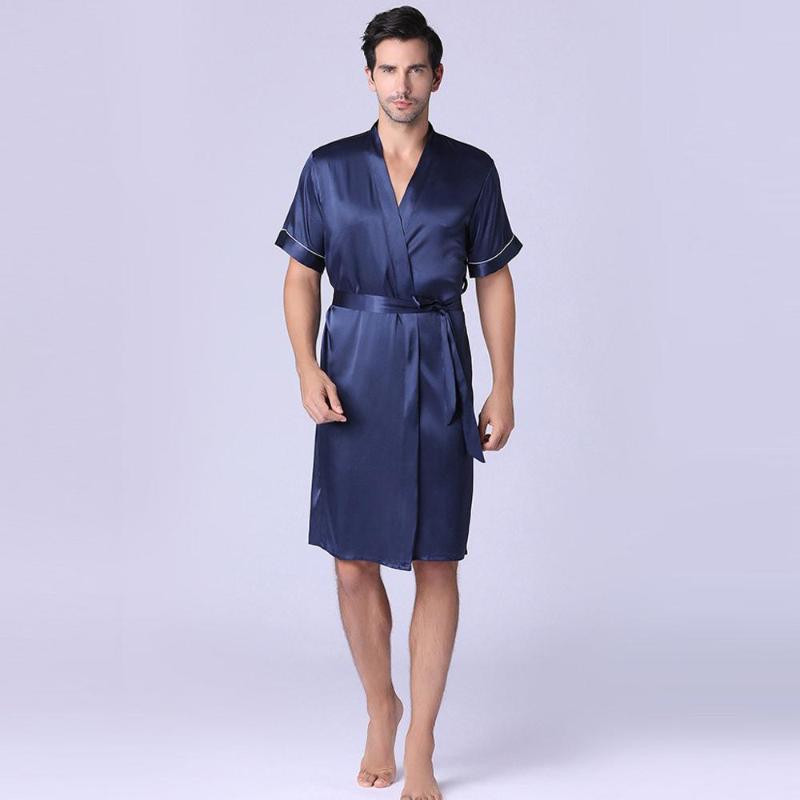 

Men's Sleepwear Mens Bathrobe Robes Short-sleeved Solid Color Suit Foreign Trade Home Service Pajamas Ochtendjas Heren #2N04, Beige