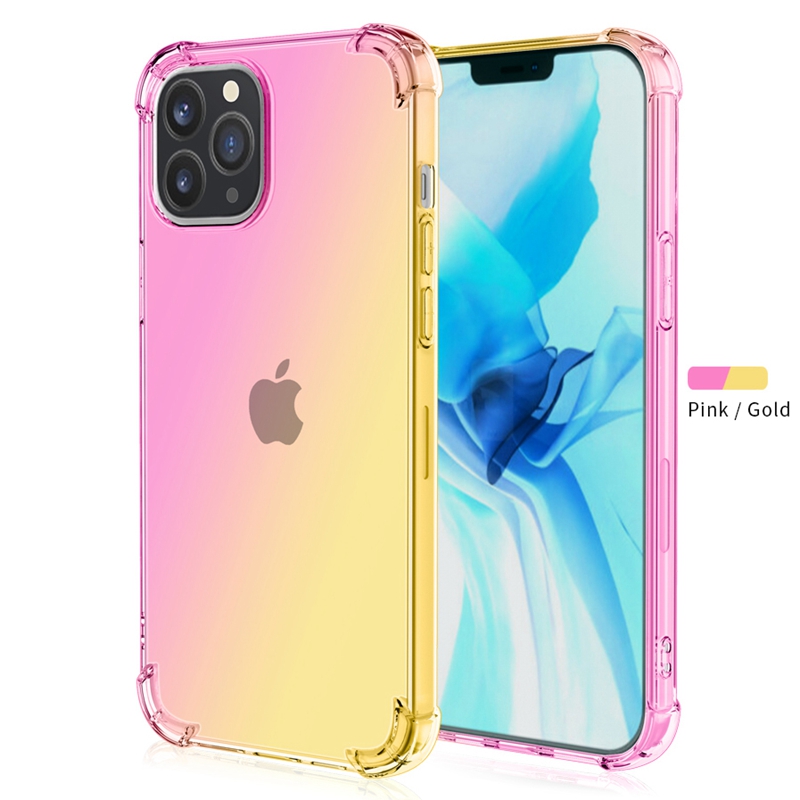 

For iPhone 12 11 XS XR X Max Pro Phone Cases Gradient Dual Color Transparent TPU Bumper Shockproof Rainbow Case, Pink+gold
