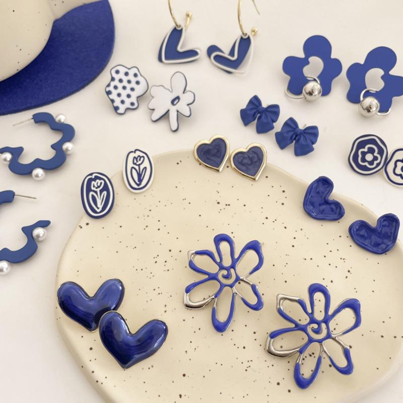 

Stud 1Pair Fashion Blue Flower Earrings Irregular Love Bowknot Silver Color Metal Women Girls Wedding Party Jewelry, Golden;silver