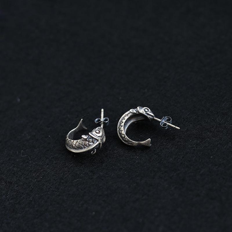 

Stud Domineering Retro 925 Sterling Silver Earrings Trend Fashion Koi Fish Ghost Jewelry Accessories, Golden;silver